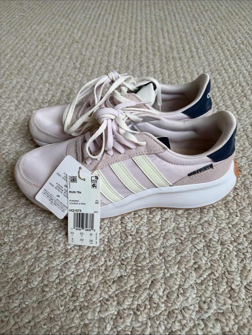 adidas Women's Run 70s Soft Pink Sneakers with Cream Stripes and Navy Heel- US 8